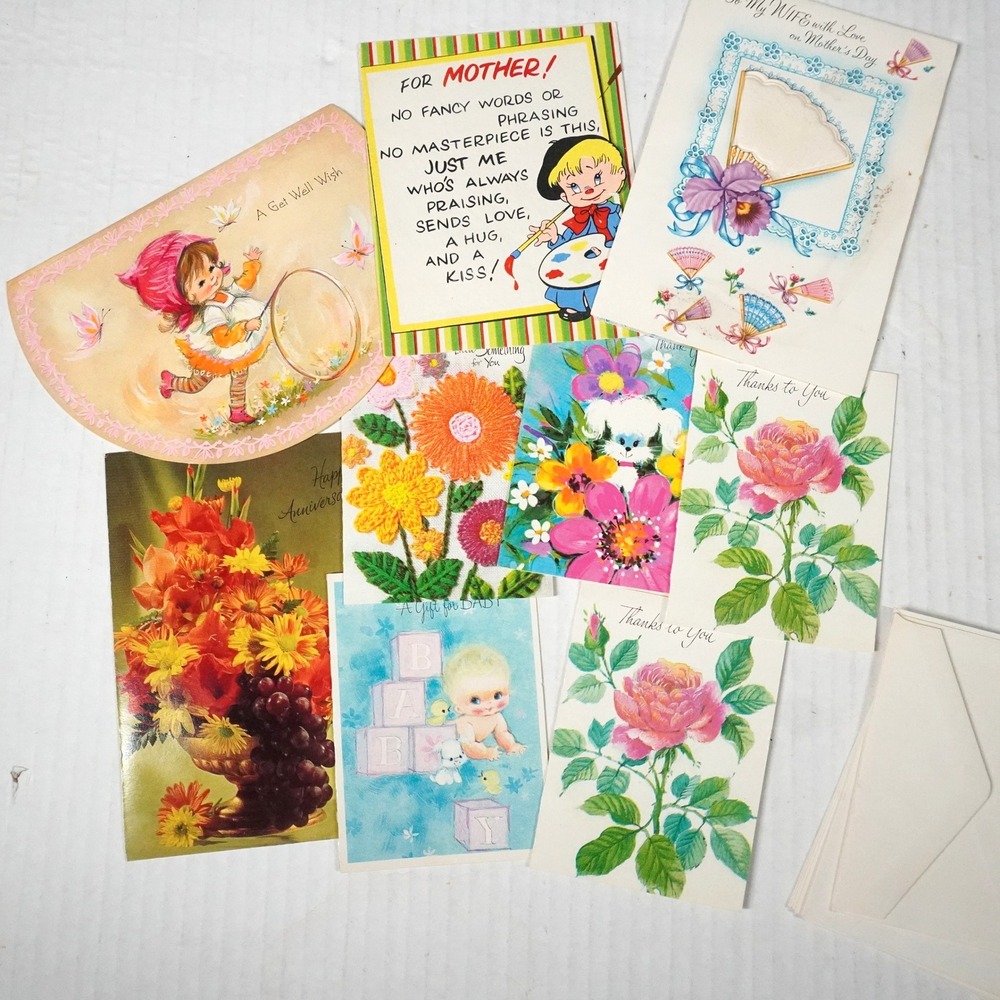 Vintage Greeting Card Lot 9pc Multicolor Unused Barker MCM Floral Ephemera Retro